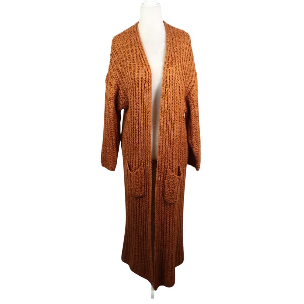 Forever 21 Burnt Orange Crochet Knit Long Duster Cardigan Sweater L